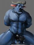 abs anthro balls belly biceps big_penis biped black_nipples black_nose black_penis bodily_fluids brown_eyes cum cum_on_penis erection front_view fur genital_fluids genitals grey_background grey_body grey_fur horn huge_penis humanoid_genitalia humanoid_penis key kneeling looking_at_viewer male muscular muscular_anthro muscular_male nipples pecs penis pose pubes simple_background smile solo spread_legs spreading thick_penis vein veiny_penis cathricorn disney zootopia chief_bogo bovid bovine cape_buffalo mammal