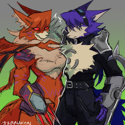 anthro blue_body blue_fur breasts chest_tuft claws duo eyewear eyewear_on_head female fur goggles goggles_on_head grin male orange_body orange_fur red_eyes smile tuft pirruwan bandai_namco digimon appmon_(species) canid canine canis digimon_(species) domestic_cat felid feline felis maine_coon mammal meicrackmon meicrackmon_vicious_mode shutmon wolf 1:1 absurd_res hi_res