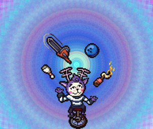 abstract_background anthro antlers ball barefoot blush bottle bottomwear bowling_ball bowling_pin chainsaw clothing container curly_hair feet fire hair horn juggling makeup male molotov_cocktail pants pattern_clothing pink_antlers power_tool purple_body smile solo spiral_background sprite_art striped_clothing stripes sweater tools topwear unicycle vehicle alexis_wasilla happy_tree_friends mime_(htf) deer mammal digital_media_(artwork) pixel_(artwork)