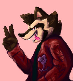 anthro clothing flower gesture hand_gesture jacket male open_mouth pink_background plant red_clothing red_jacket red_topwear rose_(flower) simple_background smile solo tongue tongue_out topwear v_sign buster915 buster mammal procyonid raccoon absurd_res hi_res