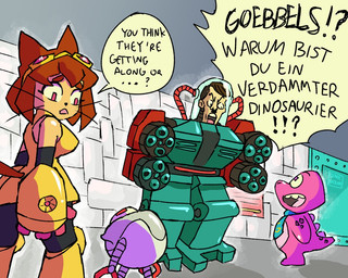 accessory anthro breasts brown_body brown_hair character_name_pun clothing dialogue eyebrows eyelashes eyewear eyewear_on_head female goggles goggles_on_head group gun hair machine machine_gun magenta_eyes male necktie ranged_weapon text weapon whiskers dorefatum gameoverse glitch_productions id_software microsoft wolfenstein wolfenstein_3d gobbles_(gameoverse) kaboodle_(gameoverse) kit_bodega mecha_hitler dinosaur domestic_cat felid feline felis human mammal prehistoric_species reptile robot scalie 2026 5:4 translated