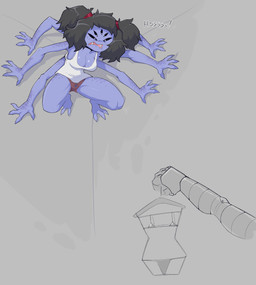 3_toes 5_eyes 6_arms angry anthro barefoot black_hair breasts cleavage clothed clothes_hanger clothing duo fangs feet female female_focus hair hissing machine multi_arm multi_eye multi_limb plantigrade refusing robot_arm skimpy_bikini spread_toes teeth toes boobazaur undertale undertale_(series) mettaton mettaton_ex muffet arachnid arthropod robot spider 2024 absurd_res hi_res