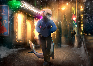 anthro city clothing countershading female holidays lights moscow night snow snowing solo street tail walking winter hihikori christmas mcdonald's new_year nika_sharkeh aquatic fish shark hi_res