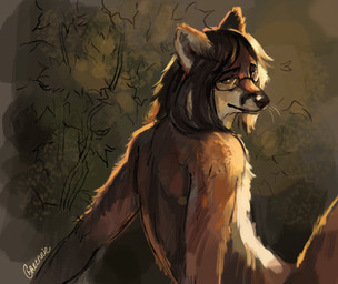 anthro brown_hair eyewear eyewear_only glasses glasses_only hair nature_background nude solo wearing_glasses greennie canid canine fox mammal red_fox true_fox 2023 digital_media_(artwork) digital_painting_(artwork) hi_res painting_(artwork)