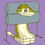 1:1 ambiguous_gender blue_eyes clothes_roller confusion flattened folded fur furniture green_body green_fur humor malleable_body mammal paper_flattened purple_background rollers sergal simple_background solo squish table tail wringed yellow_body yellow_fur