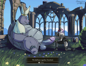 ambiguous_gender anthro anthrofied armor balls belly big_belly bodily_fluids button_prompt clothing detailed_background duo erection genital_fluids genitals hat headgear headwear helmet humanoid_genitalia humanoid_hands humanoid_penis male mitre non-mammal_balls outside overweight overweight_male penis precum religious_clothing religious_headwear sitting text mikrogoat elden_ring fromsoftware miriel_pastor_of_vows reptile scalie turtle 2022 english_text hi_res