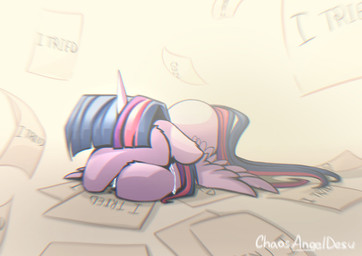 bloom bodily_fluids covering covering_face crying failure female feral horn lying motion_blur paper solo tears wings wings_on_floor chaosangeldesu friendship_is_magic hasbro my_little_pony mythology twilight_sparkle_(mlp) equid equine mammal mythological_creature mythological_equine winged_unicorn