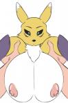 big_breasts breasts carrying_another duo female first_person_view huge_breasts looking_at_viewer nipple_dip nipples solo_focus seiiartworks bandai_namco digimon canid canine digimon_(species) human mammal renamon