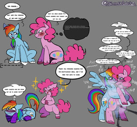 balls blue_body blue_eyes blush bodily_fluids clothing dialogue duo female genitals gynomorph hair hooves intersex intersex/female legwear multicolored_hair musk nervous nervous_smile nervous_sweat pink_body pink_hair purple_eyes rainbow_hair sex speech_bubble sweat tail text thigh_highs wings sleepyrabidz friendship_is_magic hasbro my_little_pony mythology pinkie_pie_(mlp) rainbow_dash_(mlp) equid equine horse mammal mythological_creature mythological_equine pegasus pony english_text hi_res