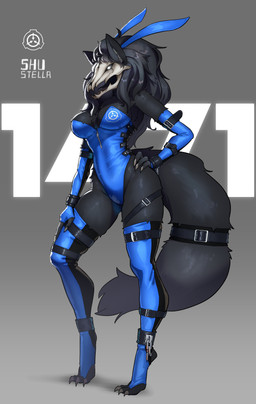 ankle_cuffs anthro armwear big_breasts black_body black_fur black_hair black_sclera bone breasts bunny_costume clothing costume cuff_(restraint) elbow_gloves fake_ears fake_rabbit_ears female fingerless_gloves fluffy fluffy_tail fur gloves hair handwear legwear leotard long_hair multicolored_armwear multicolored_clothing multicolored_elbow_gloves multicolored_gloves multicolored_handwear multicolored_legwear multicolored_leotard multicolored_thigh_highs restraints skull skull_head solo tail thigh_highs two_tone_armwear two_tone_clothing two_tone_elbow_gloves two_tone_gloves two_tone_handwear two_tone_legwear two_tone_leotard two_tone_thigh_highs white_eyes wrist_cuffs shu_stella scp_foundation scp-1471-a canid canine mammal skulldog_(species) 2025 absurd_res hi_res