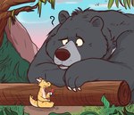 anthro berry branch claws duo eating exclamation_point eye_contact fangs feral food fruit fur horn looking_at_another male micro nude outside plant question_mark scales sitting size_difference teeth tree razigator disney the_jungle_book baloo bear kobold mammal scalie sloth_bear ursine 2024 hi_res signature