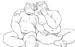 anthro barely_visible_genitalia barely_visible_penis belly blush duo genitals humanoid_hands kemono male male/male moobs nipples overweight overweight_male penis sitting oogamikennta canid canine mammal 2022 monochrome