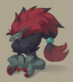 accessory ambiguous_gender anthro black_hair brown_background claws finger_claws fur green_eyes grey_body grey_fur grumpy hair hair_accessory inner_ear_fluff long_hair looking_at_viewer pawpads pink_pawpads red_body red_claws red_fur red_hair simple_background sitting solo toe_claws tuft hioshiru nintendo pokemon generation_5_pokemon pokemon_(species) zoroark 2020 shaded