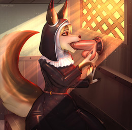 anthro ball_fondling balls belt big_breasts bodily_fluids breasts butt caressing clothed clothing detailed_background duo erection fellatio female fondling fur genital_fluids genitals glory_balls glory_hole glowing glowing_eyes hair holding_balls humanoid_genitalia humanoid_penis light light_beam male male/female nun nun_outfit open_mouth oral oral_penetration penetration penile penile_penetration penis red_eyes religious_clothing saliva sex smile sunbeam sunlight tail thick_thighs scarlet_side canid canine mammal 2024 digital_media_(artwork) hi_res