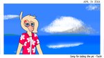 angry anthro beach clothing cloud cross-popping_vein eyewear female glasses jacket looking_at_viewer photo sea shirt solo text time topwear undershirt water fast_master shio_(hitsuji) alpaca camelid mammal 16:9 english_text hi_res widescreen