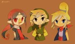 beak blonde_hair clothing female group hair humanoid_pointy_ears light_body light_skin looking_at_viewer male pointy_ears red_hair simple_background smile trio tokuura nintendo the_legend_of_zelda wind_waker medli pirate_leader_tetra toon_link animal_humanoid avian avian_humanoid humanoid hylian rito rito_humanoid signature