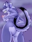 anthro big_breasts breasts butt female fur hair hand_on_breast nipples nude pose purple_body purple_fur purple_hair rape_face solo tail flufdustbunny canid canine mammal purple_theme