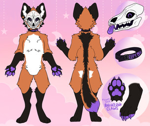 anthro bone claws collar fur male multicolored_body multicolored_fur orange_body orange_fur purple_body purple_fur simple_background skull smile solo standing white_body white_fur unknown_artist meeko_the_fox canid canine fox mammal model_sheet