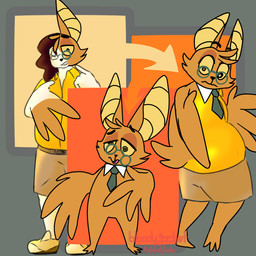 anthro arrow_sign belt black_eyes black_nose bottomwear brown_belt brown_bottomwear brown_clothing brown_footwear brown_hair brown_shoes brown_shorts clothing eyewear female footwear fur glasses green_eyewear green_glasses green_necktie hair long_hair male necktie orange_body orange_clothing orange_ears orange_fur orange_sclera orange_shirt orange_tail orange_topwear shirt shirt_cuffs shocked shoes shorts solo spiral spiral_eyes standing tail tan_body tan_skin tf_into_fictional_character three_frame_sequence topwear transformation transformation_sequence wings bloodyjacket chikn_nuggit onyn_ring_(chikn_nuggit) bat eastern_red_bat human mammal 1:1 2025 digital_media_(artwork) hi_res sequence