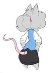 anthro arm_tuft barefoot black_bottomwear black_clothing black_skirt blue_clothing blue_topwear blue_vest bottomwear breasts butt clothed clothed_anthro clothed_female clothing ear_piercing ear_ring elbow_tuft feet female female_anthro fur fur_tuft furgonomic_bottomwear furgonomics grey_body grey_ears grey_fur grey_hair grey_tuft hair hands_on_hips holidays piercing pink_tail pointy_ears ponytail prick_ears raised_tail rat_tail rear_view red_hair_tie ring_piercing shirt simple_background skirt small_feet solo tail tail_through_skirt topwear translucent translucent_hair translucent_tail tuft vest weight_loss white_background white_clothing white_shirt white_topwear maddeku april_fools'_day elisa_(maddeku) fancy_rat mammal murid murine rat rodent 2024 colored full-length_portrait hi_res portrait