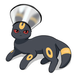 ambiguous_feral ambiguous_gender cone_of_shame digitigrade feral fur grey_body grey_fur humor looking_at_viewer medical_instrument paws quadruped red_eyes scientific_instrument simple_background solo tail white_background yellow_body tl_peng nintendo pokemon eeveelution generation_2_pokemon pokemon_(species) umbreon 1:1 2026 digital_media_(artwork) hi_res