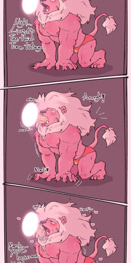 anthro beard belly black_nails blush bodily_fluids clothing colored_nails cum deep_throat dialogue duo erection facial_hair fur genital_fluids genitals hair interspecies male male/male mane muscular muscular_anthro nails nipples nude oral oral_penetration overweight overweight_male pecs penetration penis pink_body pink_fur portal simple_background text thong tongue underwear white_penis ryonane cartoon_network steven_universe greg_universe lion_(steven_universe) felid human lion mammal pantherine absurd_res comic digital_media_(artwork) english_text hi_res