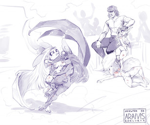 accessory anthro bat_wings bite bite_mark blood bodily_fluids breast_bite breast_play breasts bruised clothed clothed_male clothing eyes_closed feet female female/female fight fluffy fluffy_tail fur garter genitals group hair larger_human larger_male long_hair lying male male/female membrane_(anatomy) membranous_wings navel nipples nude nude_female open_mouth pain paws ryona scratches scut_tail short_tail size_difference smaller_anthro smaller_female smile soles standing_on_another struggling tail tears toes vulva wings wrestling araivis-edelveys bat human leaf-nosed_bat mammal microbat murid murine rat rodent sciurid tree_squirrel yangochiropteran 2022 monochrome sketch