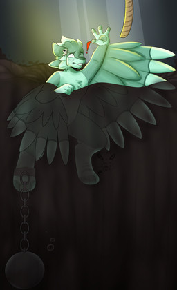 4_fingers anthro ball_and_chain bubble chain exclamation_point eyebrows feathers fingers fur green_body green_eyebrows green_feathers green_fur imminent_death inside logo male mud pupils reaching reaching_for_object rope scared scared_eyes sinking small_pupils solo teeth text winged_arms wings jackrabbit1047 levi_(fatcat4t4) avali absurd_res artist_logo artist_name hi_res