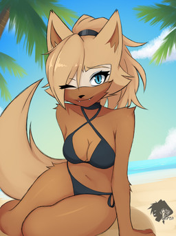 anthro arm_support arm_tuft beach bikini black_bikini black_clothing black_swimwear blonde_hair blue_eyes breasts brown_body brown_fur clothing collarbone eyebrows eyelashes facial_markings fangs female fur hair head_markings markings mask_(marking) one_eye_closed ponytail pose shoulder_tuft sitting solo swimwear teeth tuft two-piece_swimsuit wink yokozuwari skyversa idw_publishing sega sonic_the_hedgehog_(comics) sonic_the_hedgehog_(idw) sonic_the_hedgehog_(series) whisper_the_wolf canid canine canis mammal wolf 2025 absurd_res hi_res