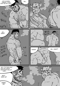 armor balls dialogue duo flaccid foreskin genitals hairy male male/male nude penis small_penis text husky92 european_mythology greek_mythology mythology bovid bovine humanoid mammal minotaur orc comic english_text greyscale hi_res monochrome multiple_scenes