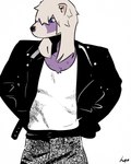 alternative_fashion anthro biped bottomwear clothing denim denim_bottomwear denim_clothing front_view fur jacket jeans leather leather_clothing leather_topwear male markings multicolored_body multicolored_fur pants purple_body purple_fur shirt simple_background solo standing toony topwear undershirt white_background white_body white_fur borealhao lamapola vinea_(lamapola) mammal mustelid 4:5 absurd_res digital_media_(artwork) hi_res portrait signature