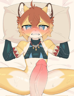 anthro bed blue_eyes blush bodily_fluids bottomless bottomless_male brown_hair clothed clothing crying disembodied_penis duo embarrassed erection fur furniture genitals hair humanoid_genitalia humanoid_penis looking_at_viewer lying lying_on_bed male male/male on_back on_bed penis pillow spread_legs spreading sweat tears vein veiny_penis white_body white_fur yellow_body yellow_fur young young_anthro young_male demdem118 cygames world_flipper teo_(world_flipper) felid lion mammal pantherine 2025 english_description hi_res