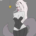 ahegao anthro big_breasts breasts clothing ear_piercing ear_ring eyebrow_piercing facial_piercing female fluffy fluffy_tail fur hypnosis looking_pleasured mind_control nipples panties piercing red_eyes ring_piercing solo tail thick_thighs thong tongue tongue_out underwear white_body white_fur liafurr helluva_boss loona_(helluva_boss) canid canine canis demon mammal wolf 1:1 absurd_res hi_res