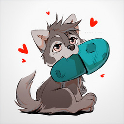 ambiguous_gender black_nose eyelashes feral fur grey_body grey_fur head_tuft heart_symbol looking_up nude object_in_mouth purple_eyes simple_background sitting smile solo tail tuft white_background young azzai canid canine canis mammal wolf 1:1 2022 colored colored_sketch digital_drawing_(artwork) digital_media_(artwork) shaded sketch