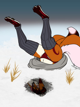 anthro barefoot blush brown_body brown_fur clothing feet female fur grass in_snow legwear looking_up multi_tail navel plant snow solo stockings stuck_in_ground tail underwear halcy0n canid canine fox mammal 2026 3:4 digital_media_(artwork) hi_res