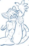 anthro big_ears breasts feet female genitals half-closed_eyes narrowed_eyes nipples pose pussy pussy_tuft raised_leg solo zeiro the_crane_family iris_crane american_opossum mammal marsupial 2023 absurd_res blue_and_white hi_res monochrome