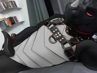 anthro black_body book bookshelf claws collar cuff_(restraint) dorsal_fin dorsal_frill ear_fins fin frill_(anatomy) furniture genitals grey_body harness horn lock male mask multicolored_body padlock padlocked_collar penis red_eyes restraints spines wings wrist_cuffs fruitbowl mythology negadrake dragon mythological_creature mythological_scalie scalie 2024 draw_over