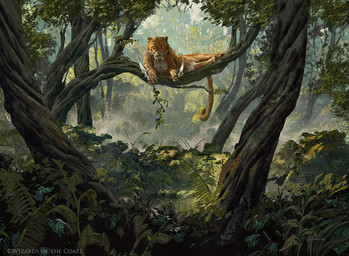 ambiguous_gender brown_body brown_fur detailed_background fangs feral fern forest fur in_tree jungle lying_on_tree markings outside plant solo spots spotted_body tail teeth tree 88grzes hasbro magic:_the_gathering wizards_of_the_coast felid mammal hi_res official_art
