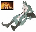 anthro big_bulge big_feet black_clothing black_footwear black_socks bulge clothing feet footwear garter_straps jockstrap looking_at_viewer male mostly_nude muscular muscular_male necktie nipples simple_background socks solo underwear yenai beastars legoshi_(beastars) canid canine canis mammal wolf adversarial_noise hi_res