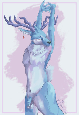 anthro antlers askky belly blue_body blue_fur blue_hair blue_penis ear_piercing ear_ring femboy fur genitals hair horn looking_at_viewer male multicolored_body multicolored_fur navel nude nude_anthro penis piercing ring_piercing slim solo standing stretching tail boreaskk deer mammal absurd_res hi_res