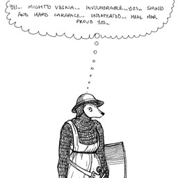 anthro armor belt chainmail clothed clothed_anthro clothed_female clothing female fully_clothed fully_clothed_anthro fully_clothed_female headgear helmet kettle_helmet medieval_armor melee_weapon shield simple_background solo standing sword thought_bubble weapon white_background mia_cain vesna_(mia_cain) canid canine canis mammal wolf hatching_(art) hi_res monochrome shaded