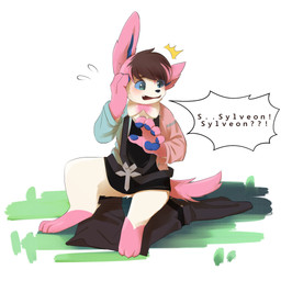 3_toes 5_fingers ambiguous_gender anthro anthrofied asian_clothing black_nose blue_body blue_fur blue_pawpads blue_sclera blush bottomwear brown_hair claws clothing digitigrade east_asian_clothing fangs feet finger_claws fingers fur gloves_(marking) green_eyes hair hand_on_face interrobang japanese_clothing kimono leg_markings markings mid_transformation multicolored_body multicolored_fur open_mouth pants pawpads pink_body pink_claws pink_fur pokemon_speak pokemorph semi-anthro short_hair simple_background sitting socks_(marking) solo species_transformation speech_bubble surprised teeth text toe_claws toes tongue transformation white_background white_body white_fur terri_the_dragon nintendo pokemon eeveelution generation_6_pokemon pokemon_(species) sylveon 1:1 hi_res shaded