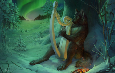 4_toes 5_fingers anthro aurora_(phenomenon) biped black_nose brown_body brown_fur detailed_background digitigrade feet fingers fire fur harp male musical_instrument night outside plant plucked_string_instrument sitting sky smile snow snowscape solo string_instrument toes tree alsares canid canine canis mammal wolf 2018 digital_media_(artwork) digital_painting_(artwork) painting_(artwork)