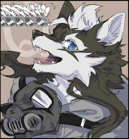 anthro black_body black_fur black_nose blue_eyes bottle clothing container duo fangs fur gas_mask grey_clothing grey_hoodie grey_topwear hair hoodie long_hair looking_at_viewer male mask open_mouth pink_tongue solo teeth tongue topwear white_body white_fur white_hair ao_gravity baion_urushi canid canine domestic_cat felid feline felis mammal absurd_res hi_res