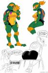 2019 anthro big_butt bottomwear butt clothing colorcoroded crossgender digital_media_(artwork) english_text feet female footwear hi_res mask michelangelo_(rottmnt) michelangelo_(tmnt) reptile rise_of_the_teenage_mutant_ninja_turtles scalie shell shorts socks stirrup_socks teenage_mutant_ninja_turtles text tight_clothing turtle