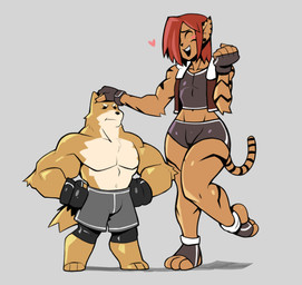 3_toes anthro blush bottomwear bulge clothing dolphin_shorts duo feet femboy fingerless_gloves footwear gloves handwear headpat heart_symbol hotpants male muscular muscular_male paws plantigrade shorts sleeveless_hoodie smile socks stirrup_footwear stirrup_socks thick_thighs toes wide_hips boxx_wrench claude_(boxx_wrench) canid canine canis domestic_dog felid humanoid mammal pantherine shiba_inu spitz tiger hi_res