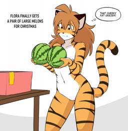 angry annoyed anthro brown_hair casual_nudity countershade_face countershade_torso countershading curvy_figure dialogue featureless_crotch female flat_chested food fruit fur hair holding_food holding_fruit holding_melon holding_object holding_watermelon hourglass_figure humor incredulous innuendo melon multicolored_body multicolored_fur navel nude orange_body orange_fur plant pun simple_background solo striped_body striped_fur stripes tail text thought_bubble two_tone_body two_tone_fur watermelon white_background white_body white_countershading white_fur wide_hipped_anthro wide_hipped_female wide_hips hexteknik twokinds flora_(twokinds) felid keidran mammal pantherine tiger 2020 digital_media_(artwork) english_text hi_res