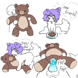 ambiguous_gender animal_genitalia animal_penis bowl canine_genitalia canine_penis container feral fluffy fluffy_tail genitals hair male male/ambiguous penis pet_bowl plushie plushophilia purple_hair tail teddy_bear text eepydoggy canid canine mammal 1:1 comic hi_res