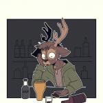 alcohol antlers arm_support beverage bodily_fluids brown_body brown_fur cheek_tuft chest_tuft clothed clothing container cup facial_tuft fur head_tuft hoodie horn leaning_on_elbow solo sweat sweatdrop topwear tuft osmoru deer mammal 1:1 2019 comic hi_res