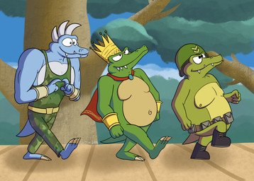 anthro armor cape clothing crown group headgear headwear helmet male trio turbojuk donkey_kong_(series) donkey_kong_country_(tv_series) dr._livesey_walk nintendo king_k._rool klump krusha kremling scalie hi_res meme